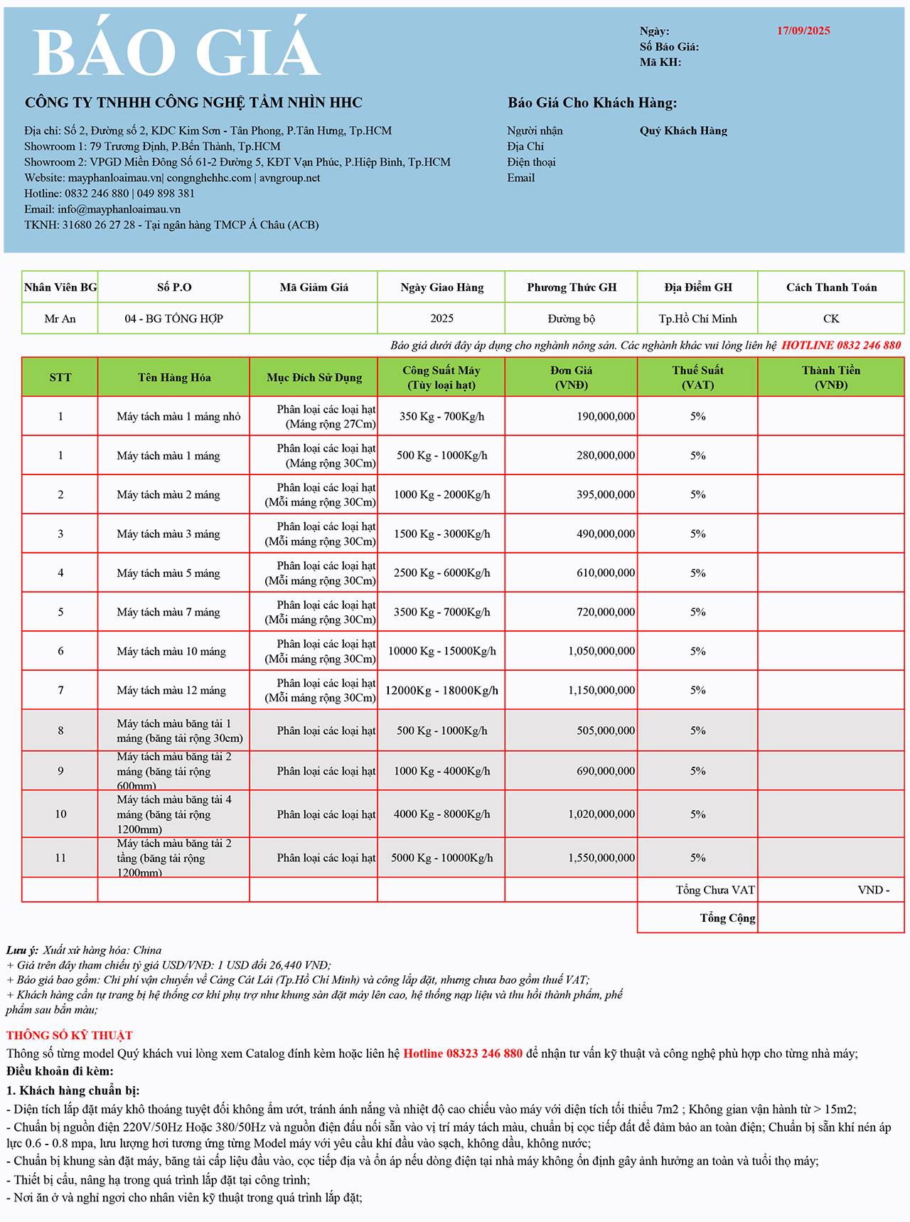 BẢNG GIÁ MÁY TÁCH MÀU